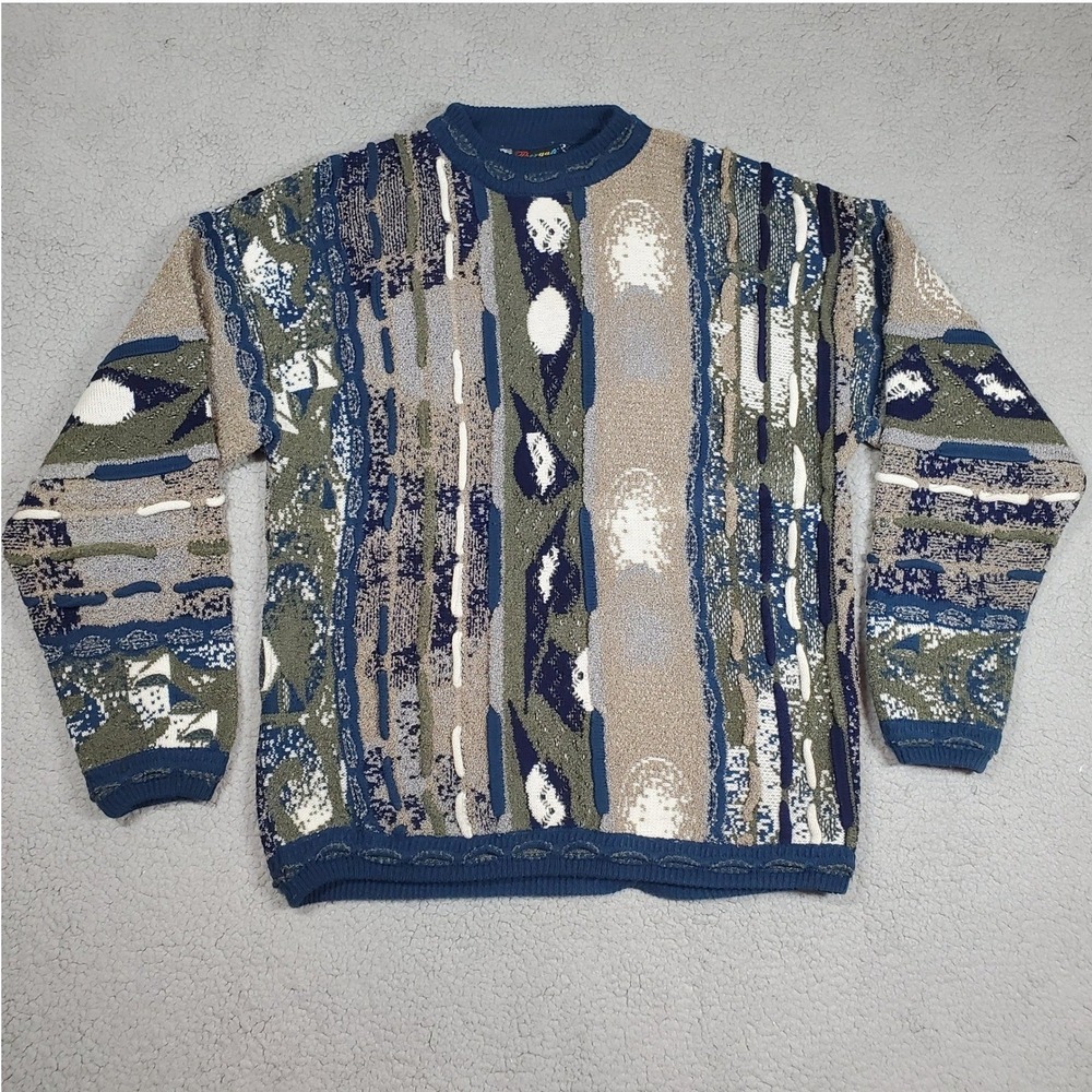 Vintage Bergati 3D Knit Sweater Mens Large Blue Grandpa Y2K Crosby Coogi Style